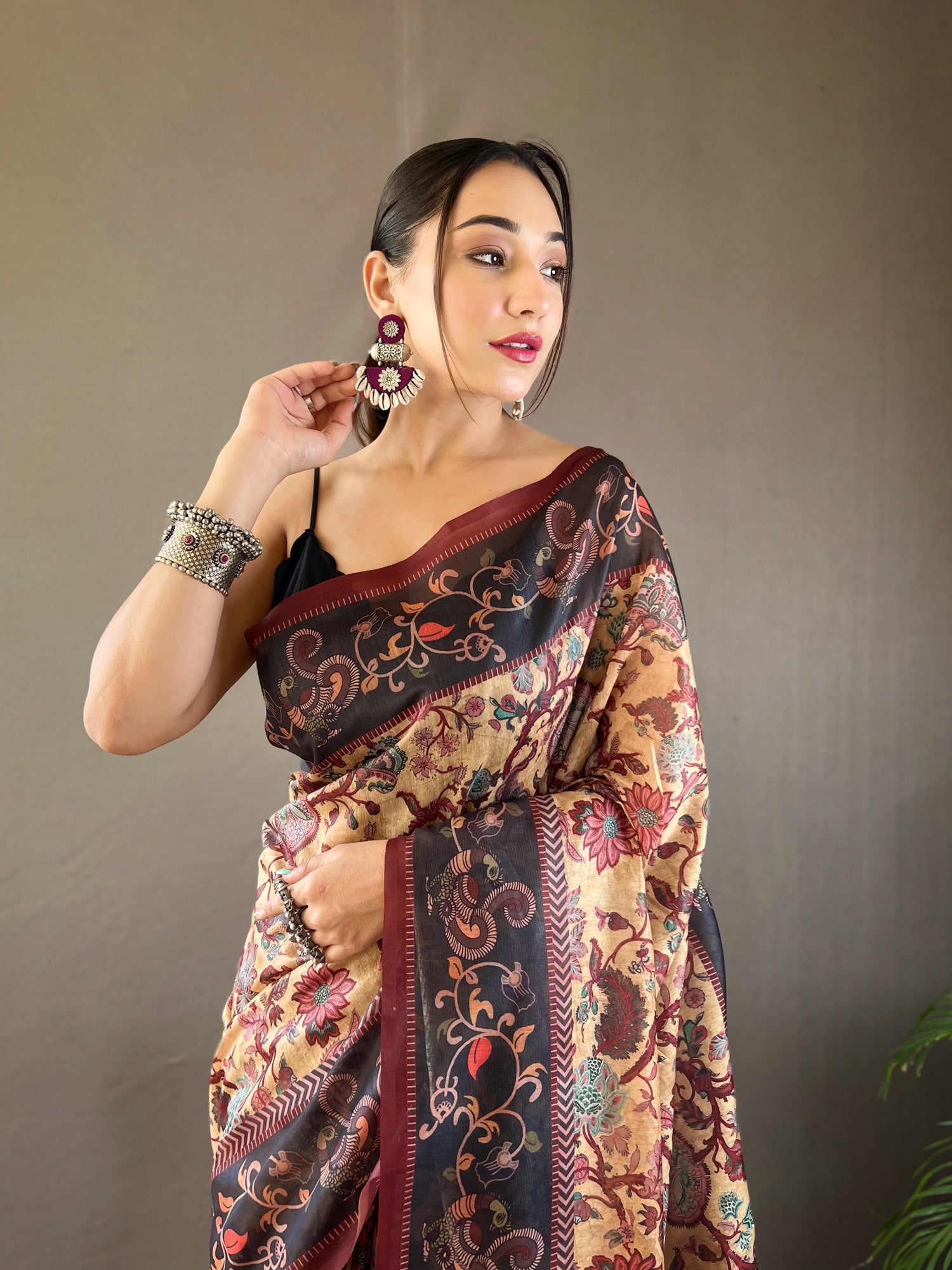 Buy MySilkLove Tacao Orange and Black Printed Cotton Kalamkari Saree Online