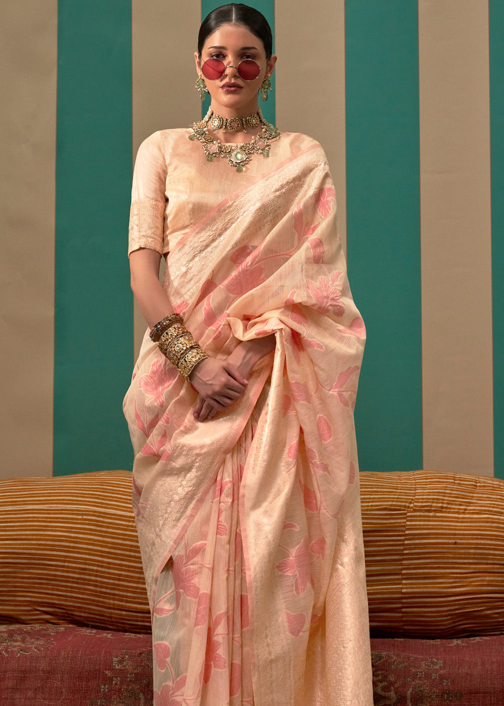 Buy MySilkLove Karry Peach Woven Banarasi Linen Saree Online