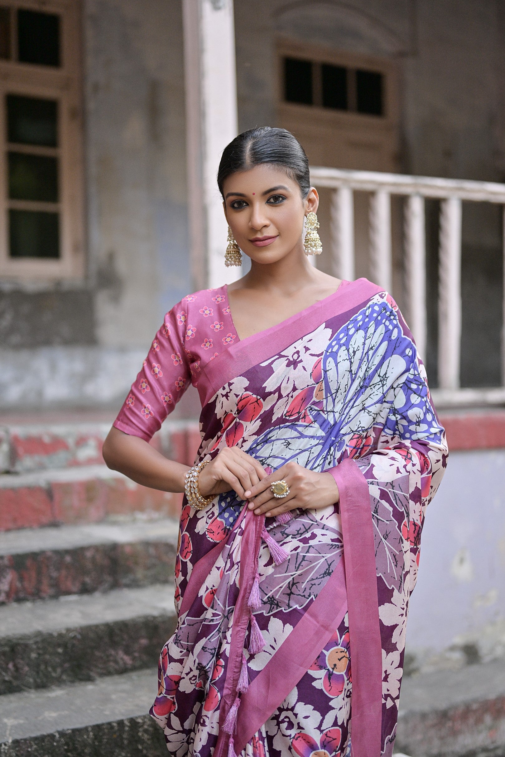 Buy MySilkLove Strikemaster Purple Floral Printed Cotton Silk Saree Online