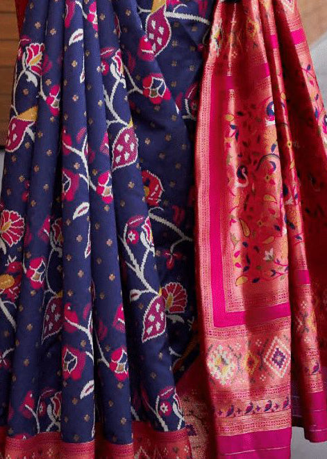 Buy MySilkLove Port Gore Blue and Pink Woven Kanchipuram Saree Online