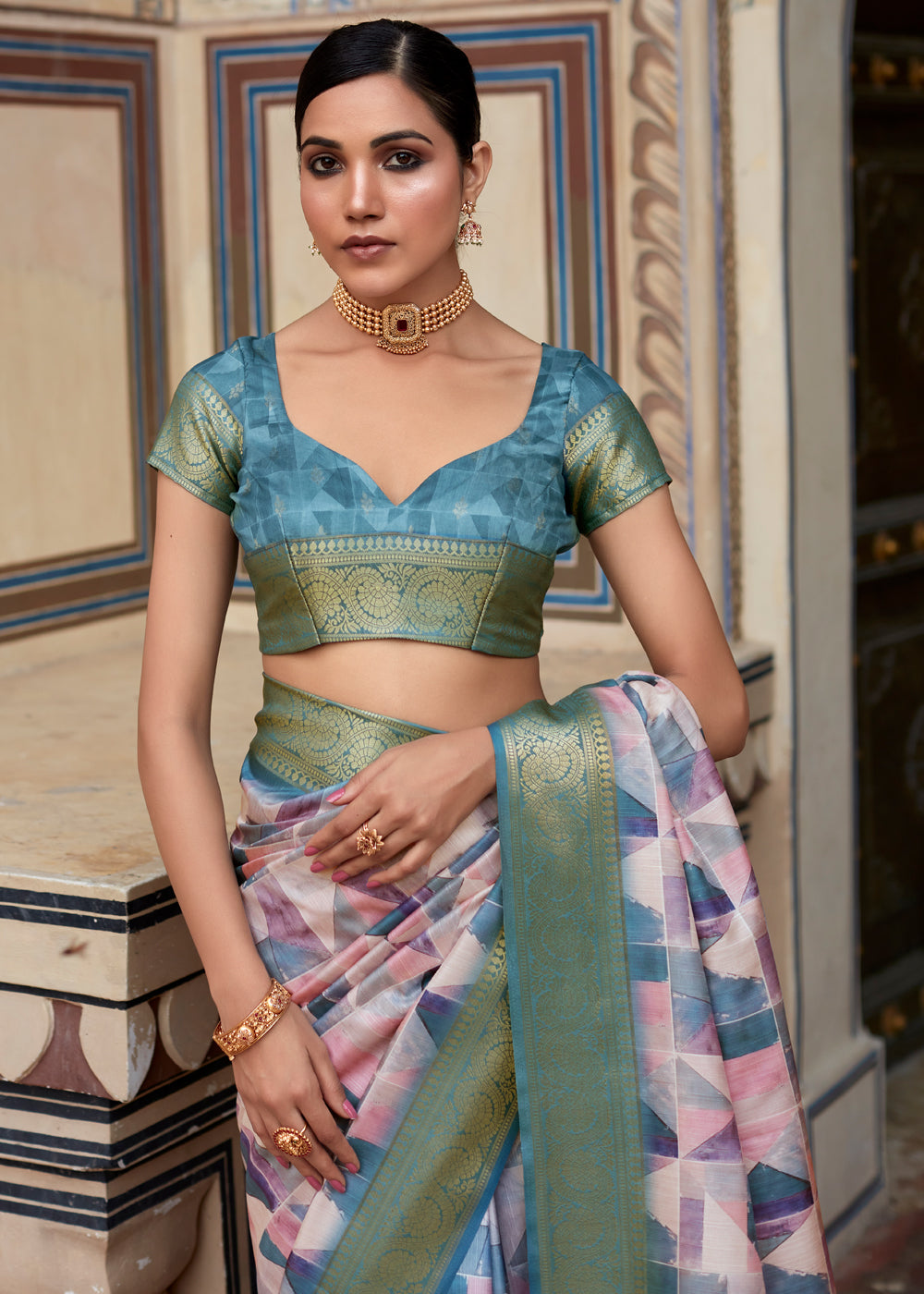 Buy MySilkLove Bismark Blue Banarasi Digital Printed Silk Saree Online