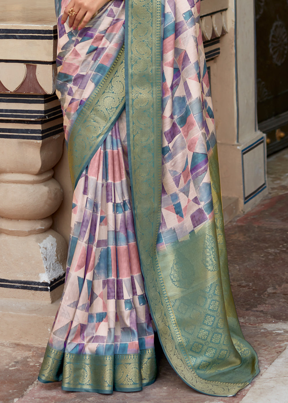 Buy MySilkLove Bismark Blue Banarasi Digital Printed Silk Saree Online