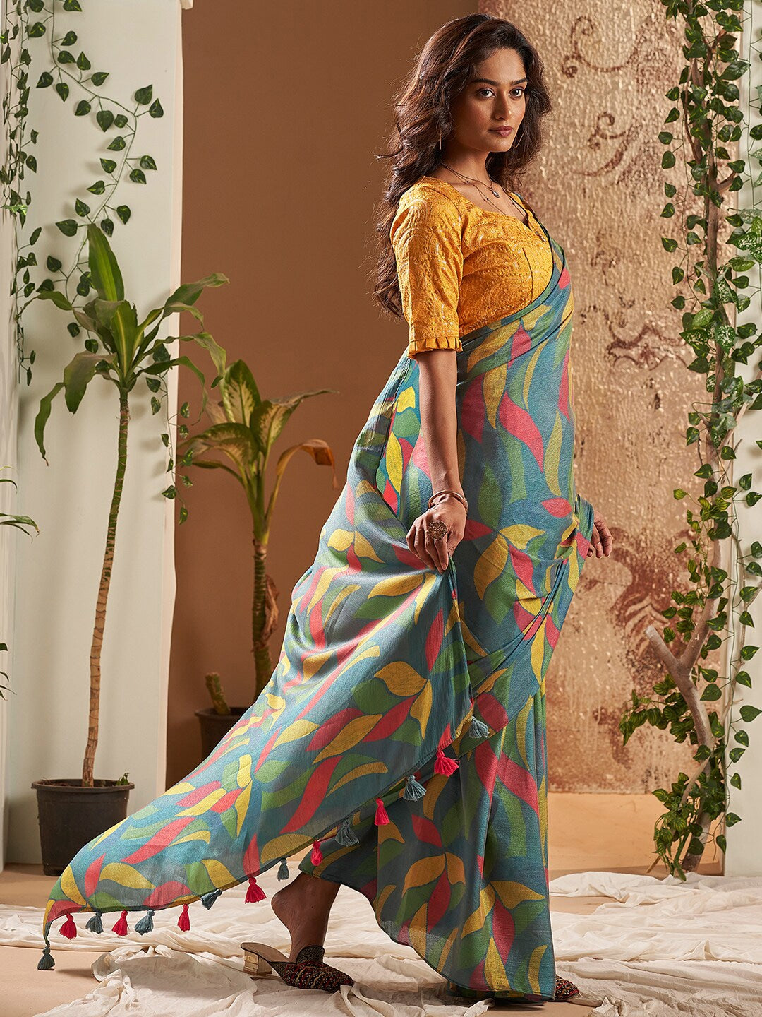 Buy MySilkLove Limed Ash Green Printed Chiffon Saree With Embroidery blouse Online