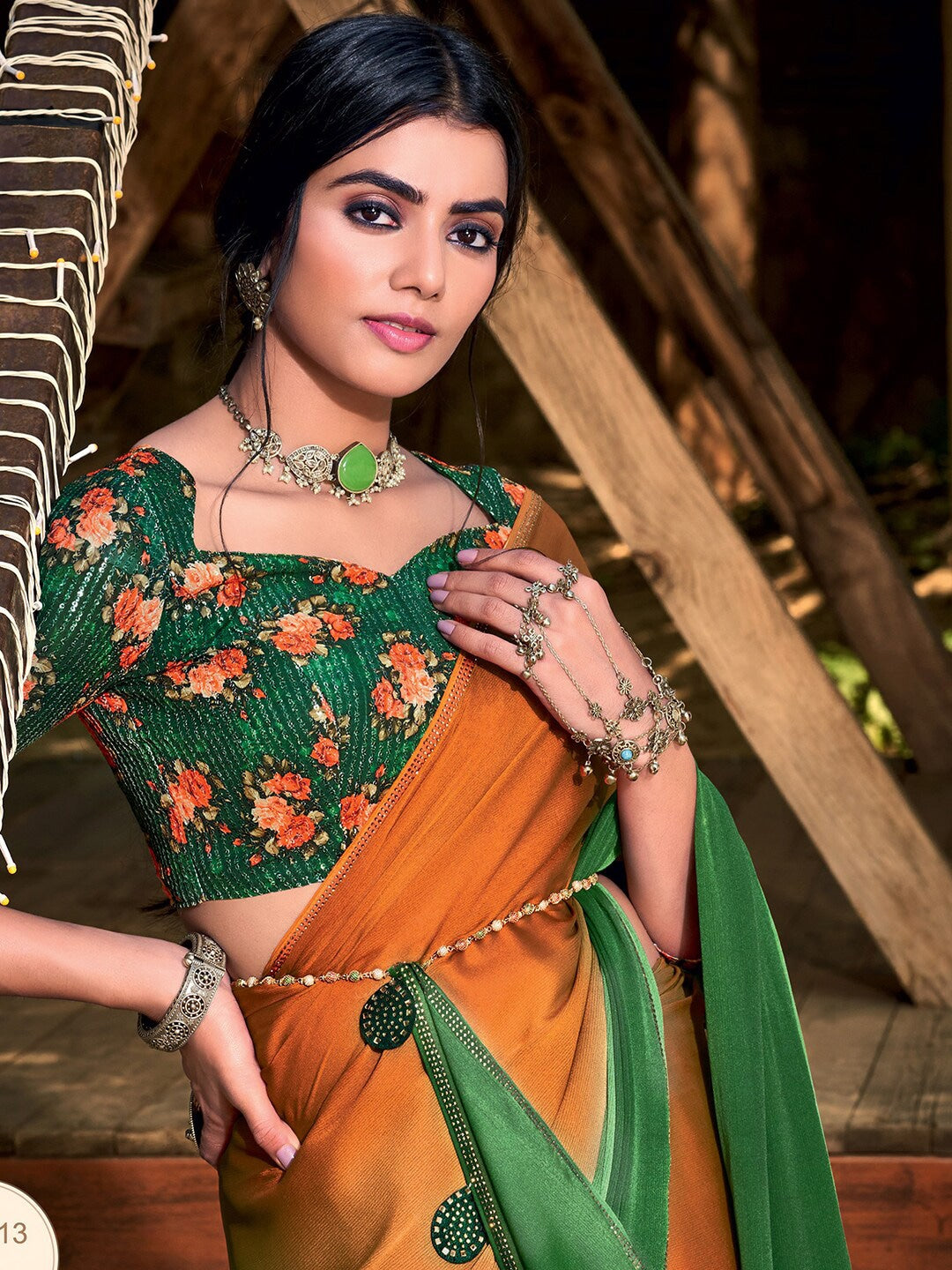 Buy MySilkLove Zest Orange and Green Chiffon Saree With Printed Blouse Online