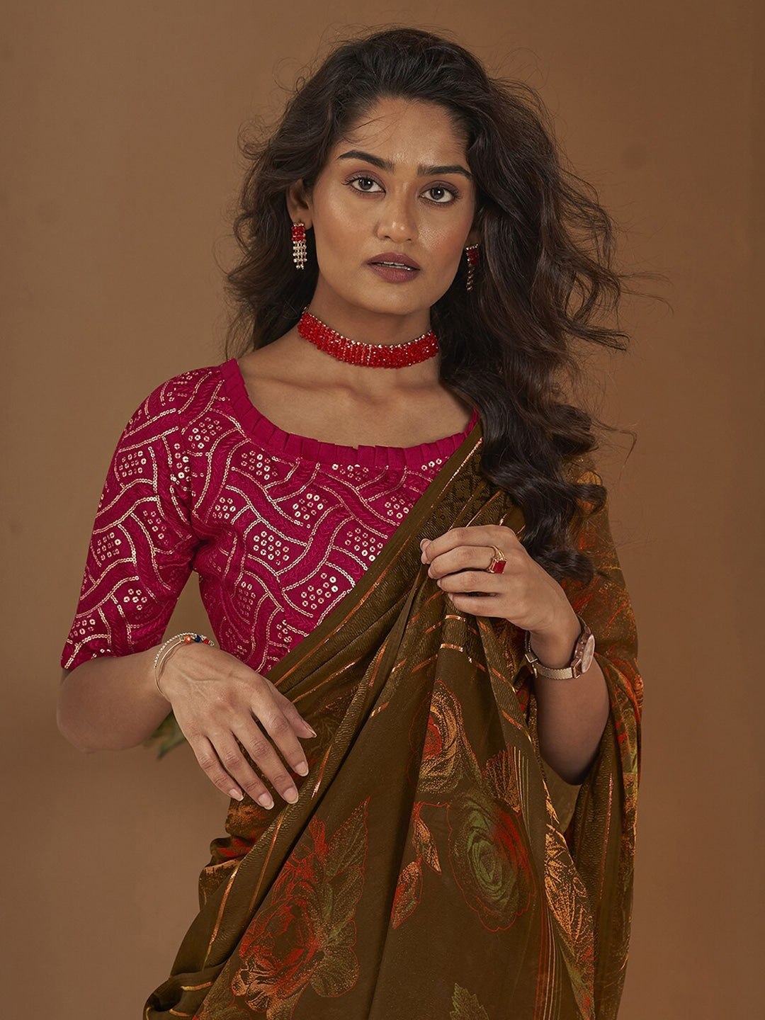 MySilkLove Espresso Brown Georgette Chiffon Saree With Embroidery Blouse