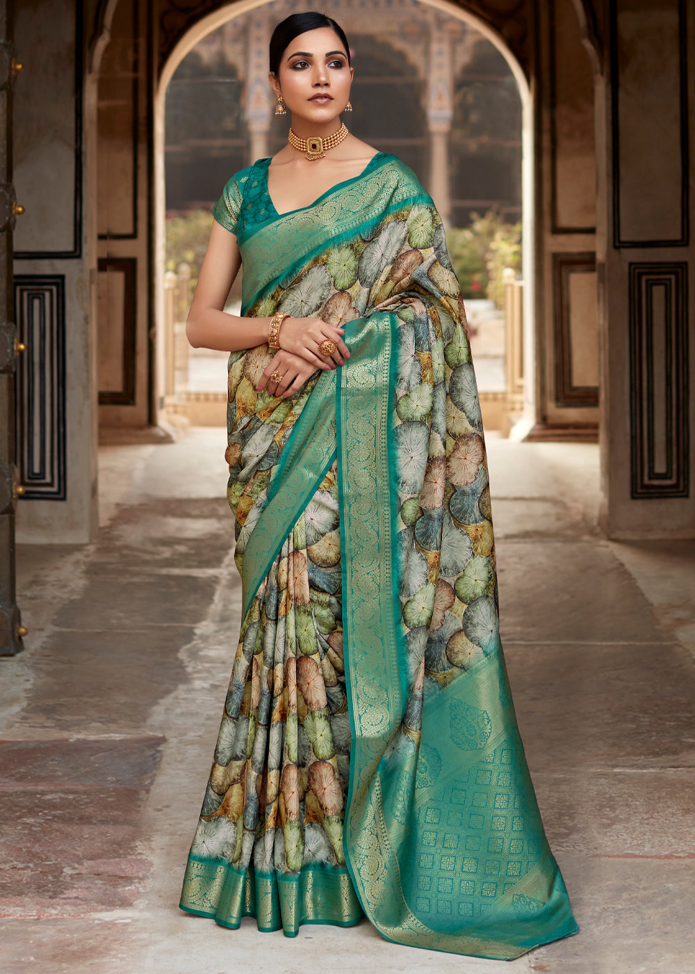 Buy MySilkLove Oracle Green Banarasi Digital Printed Silk Saree Online