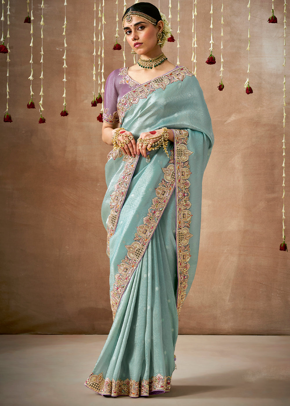 Buy MySilkLove Cerulean Blue  Zari Woven Embroidery Designer Tissue Dola Silk Saree Online