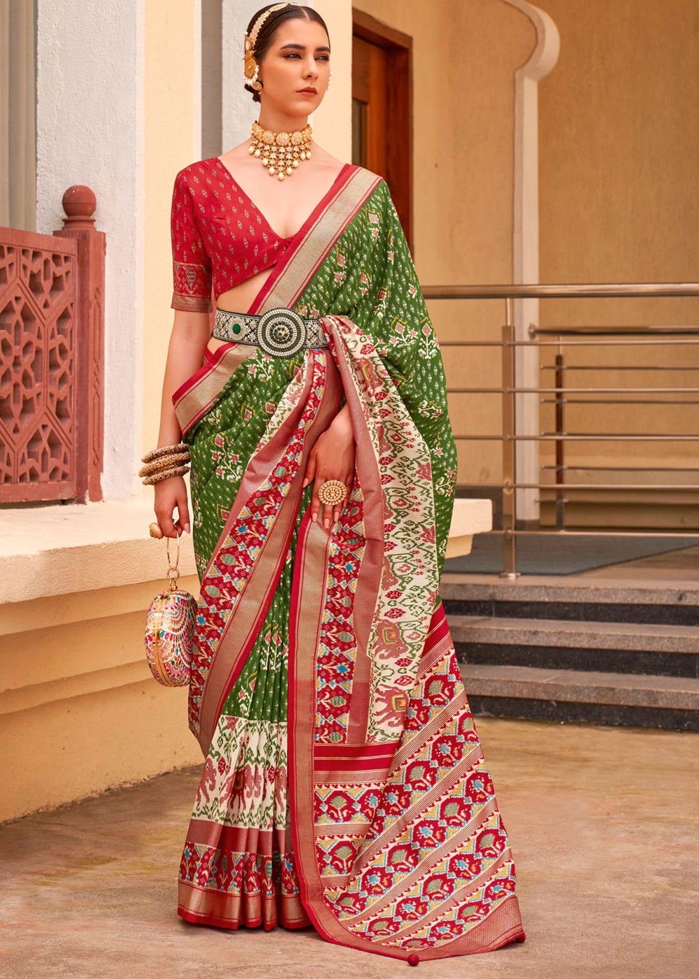 MySilkLove Fern Frond Green and Red Printed Patola Soft Silk Saree