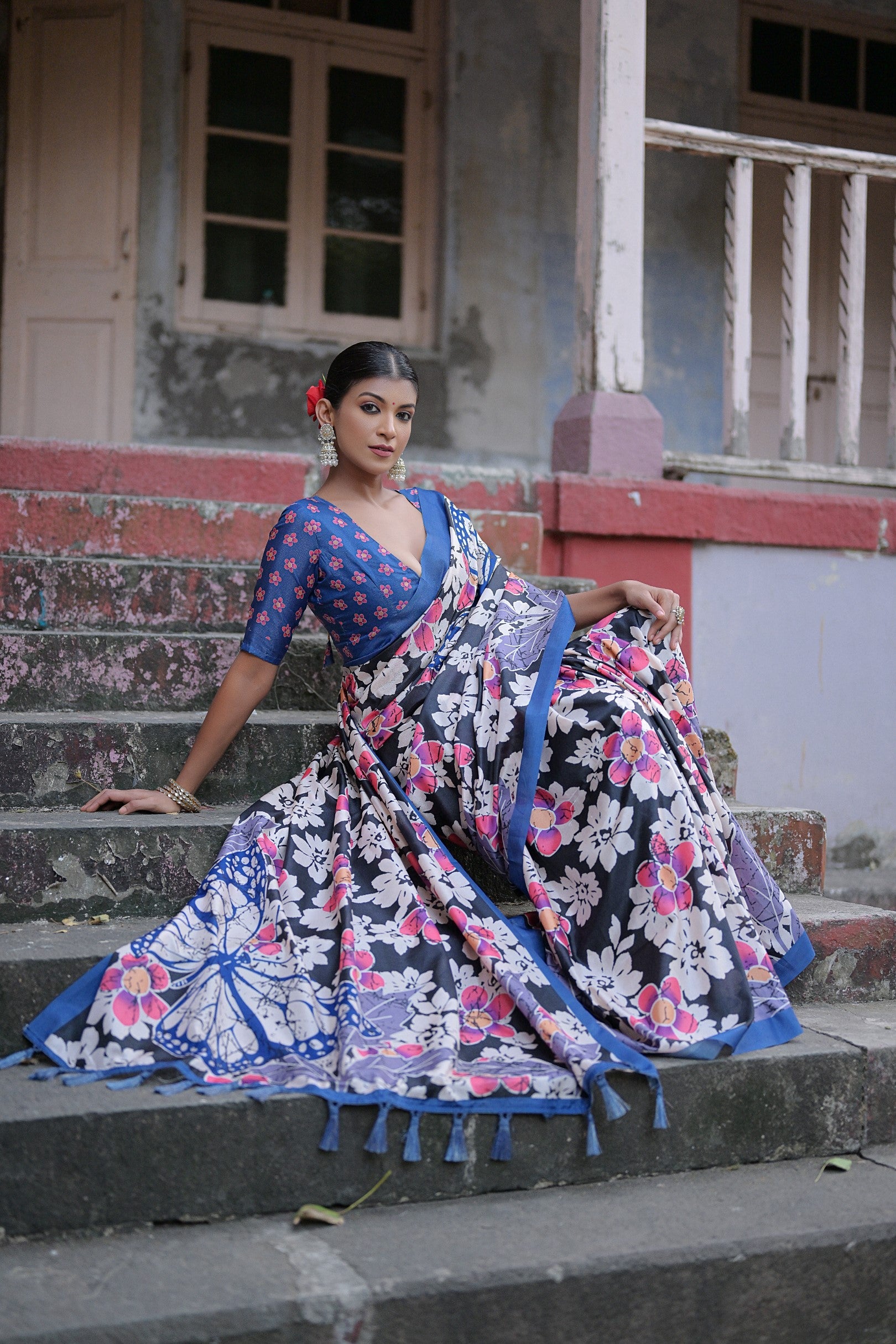 Buy MySilkLove Woodsmoke Black Floral Printed Cotton Silk Saree Online