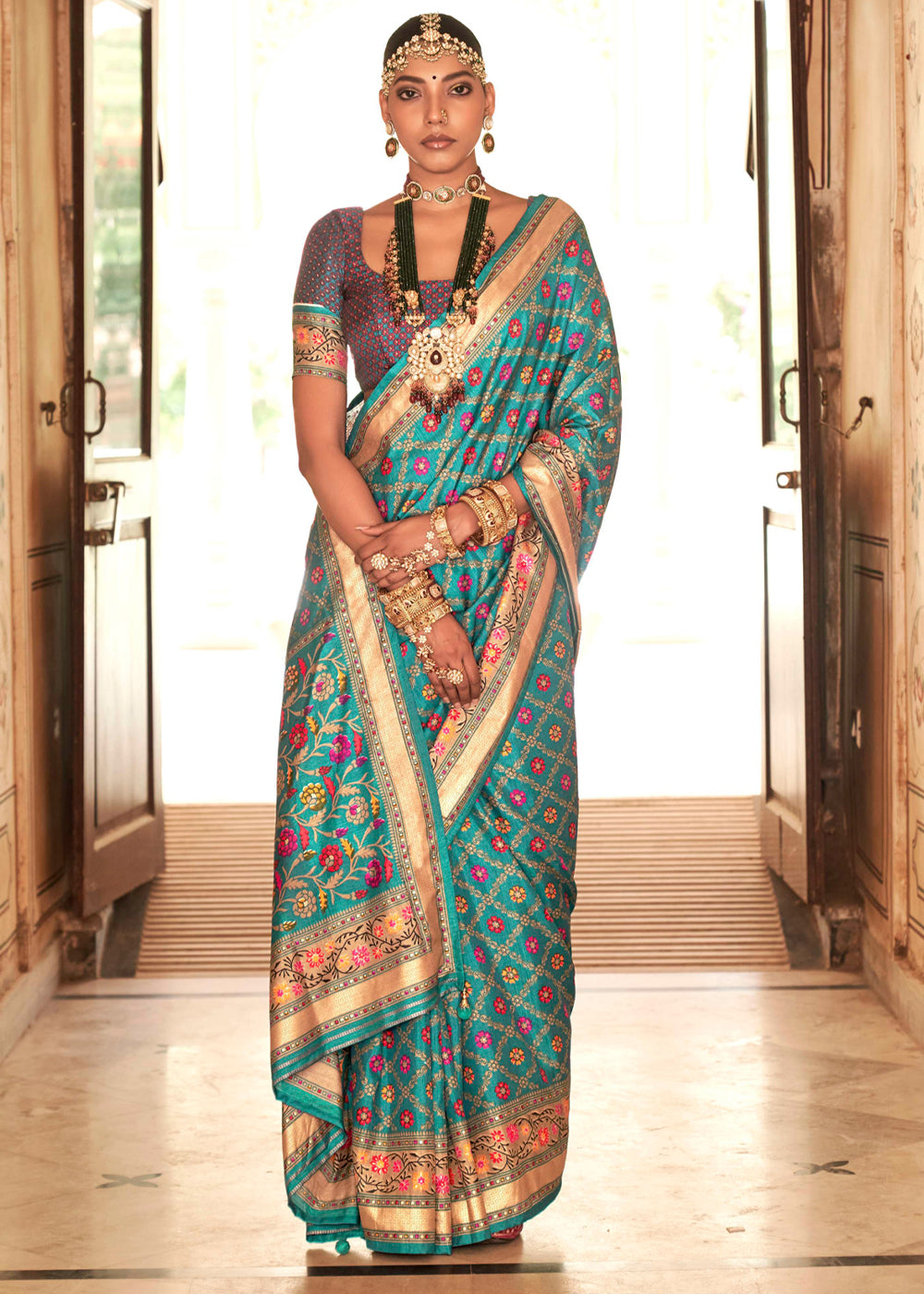 Buy MySilkLove Fountain Blue Printed Soft Silk Saree Online