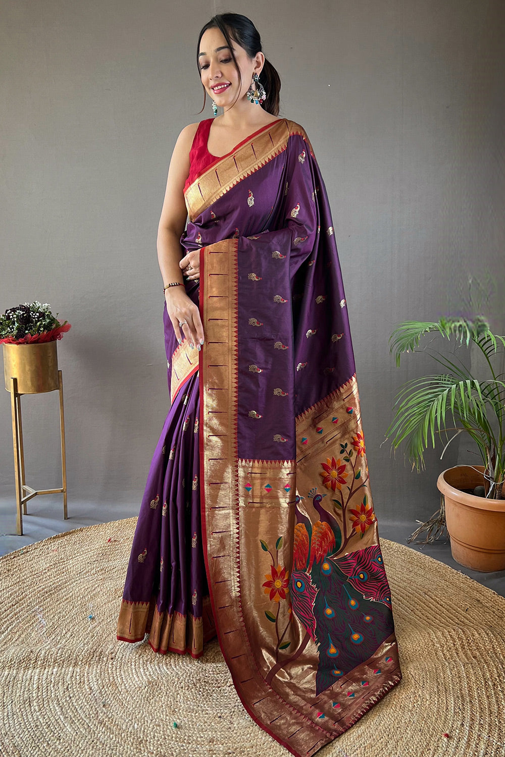 Buy MySilkLove Eggplant Purple Zari Woven Paithani Saree Online