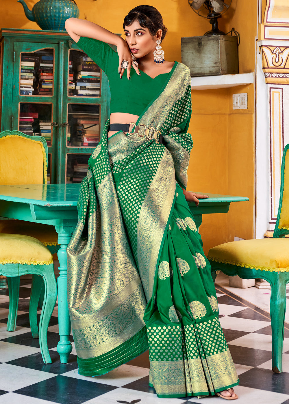 Buy MySilkLove Eucalyptus Green Zari Woven Banarasi Saree Online