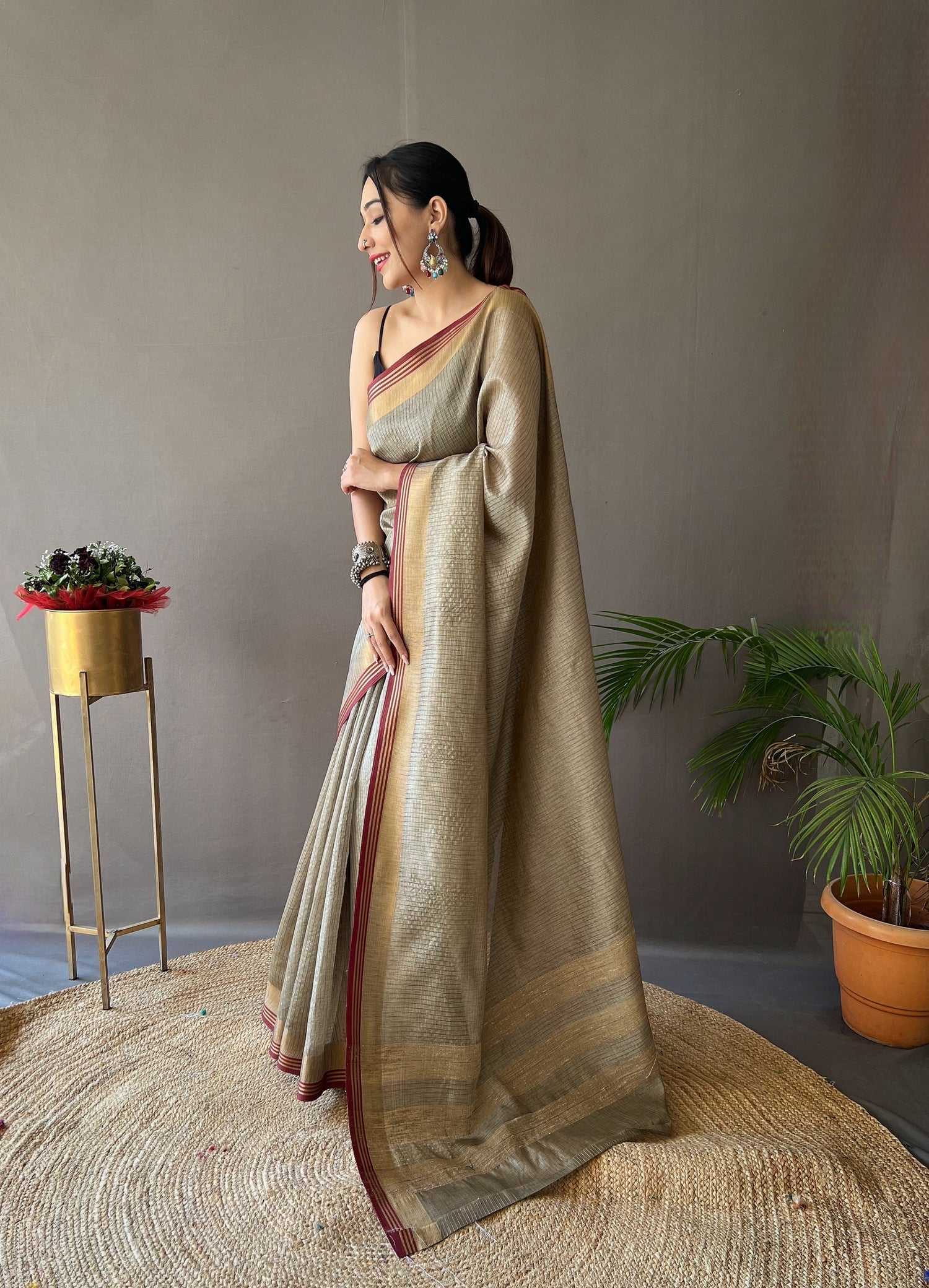 MySilkLove Arrowtown Brown Organza Woven Saree