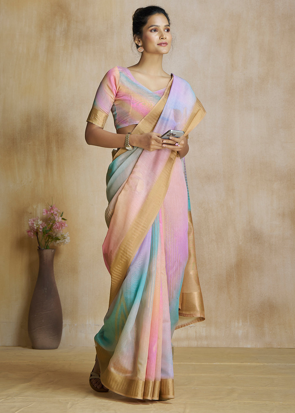 MySilkLove Japonica Orange and Pink Tissue Woven Soft Silk Saree