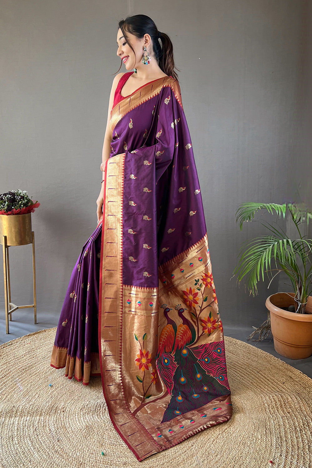 Buy MySilkLove Eggplant Purple Zari Woven Paithani Saree Online