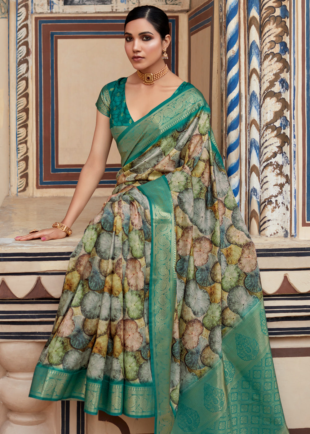 Buy MySilkLove Oracle Green Banarasi Digital Printed Silk Saree Online