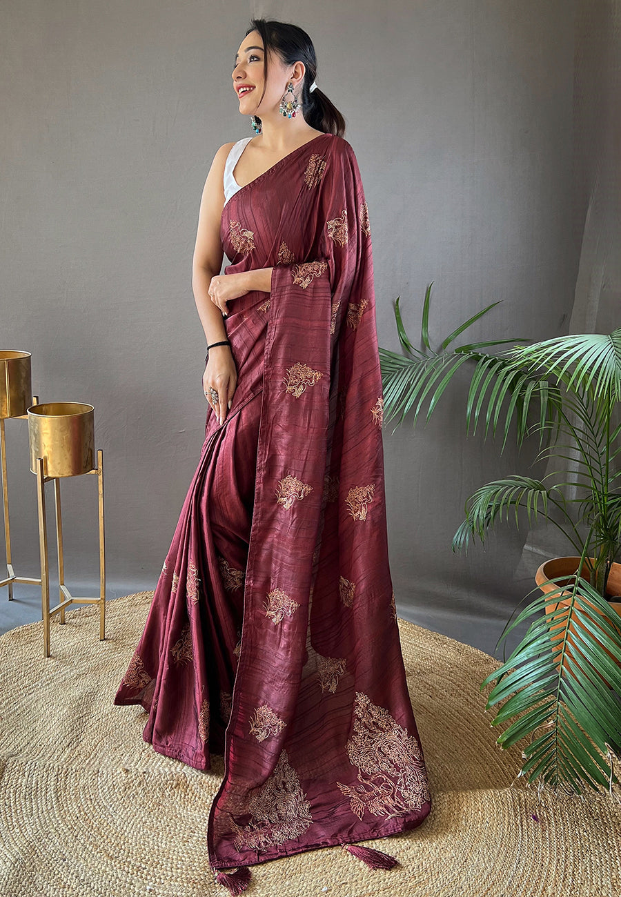 Buy MySilkLove Lotus Brown Embroidered Tussar Silk Saree Online