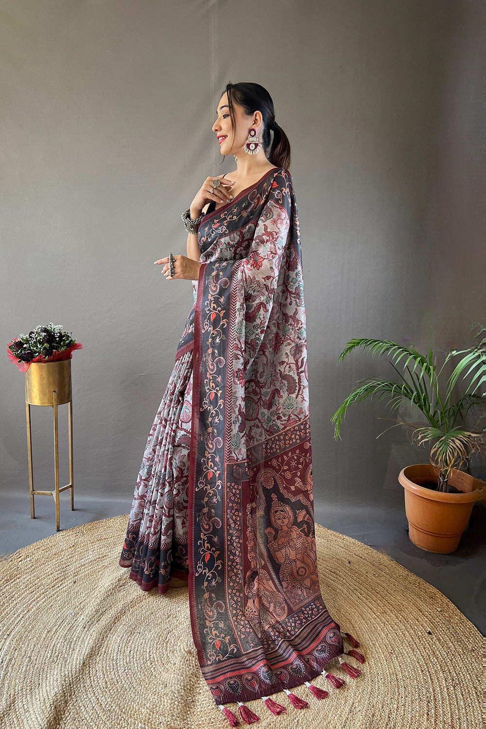 MySilkLove Chatelle Grey Printed Cotton Kalamkari Saree