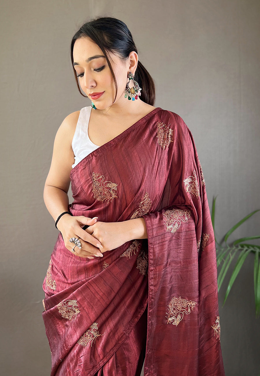 Buy MySilkLove Lotus Brown Embroidered Tussar Silk Saree Online