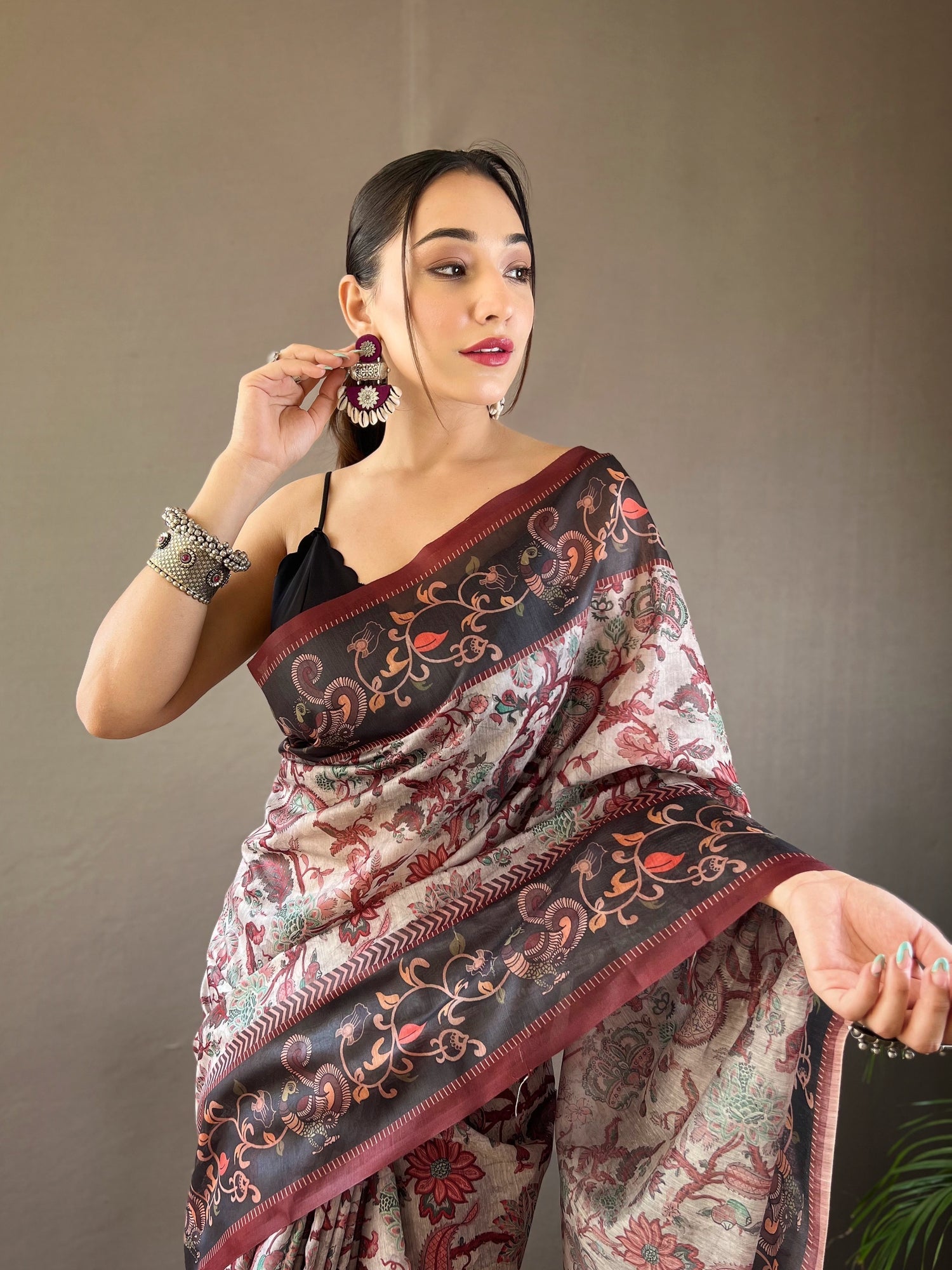 Buy MySilkLove Chatelle Grey Printed Cotton Kalamkari Saree Online