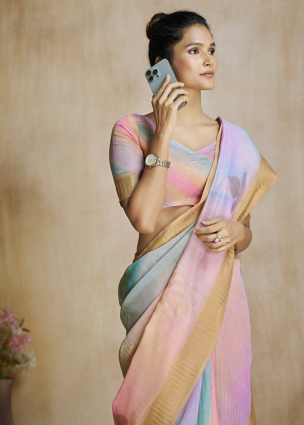 Buy MySilkLove Japonica Orange and Pink Tissue Woven Soft Silk Saree Online