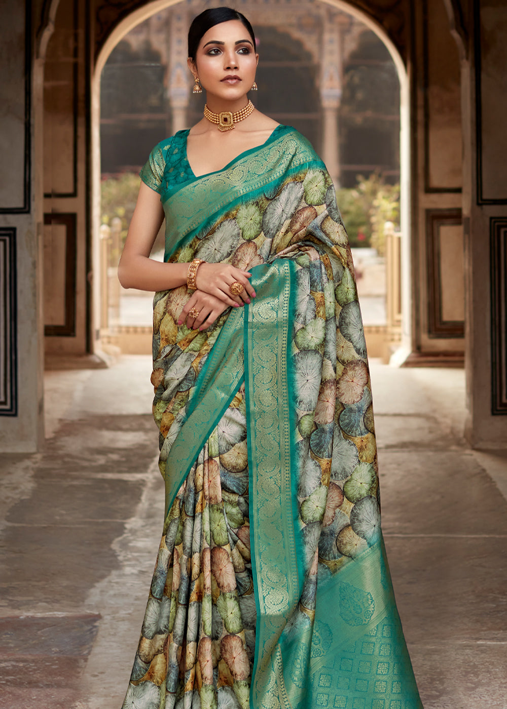 Buy MySilkLove Oracle Green Banarasi Digital Printed Silk Saree Online