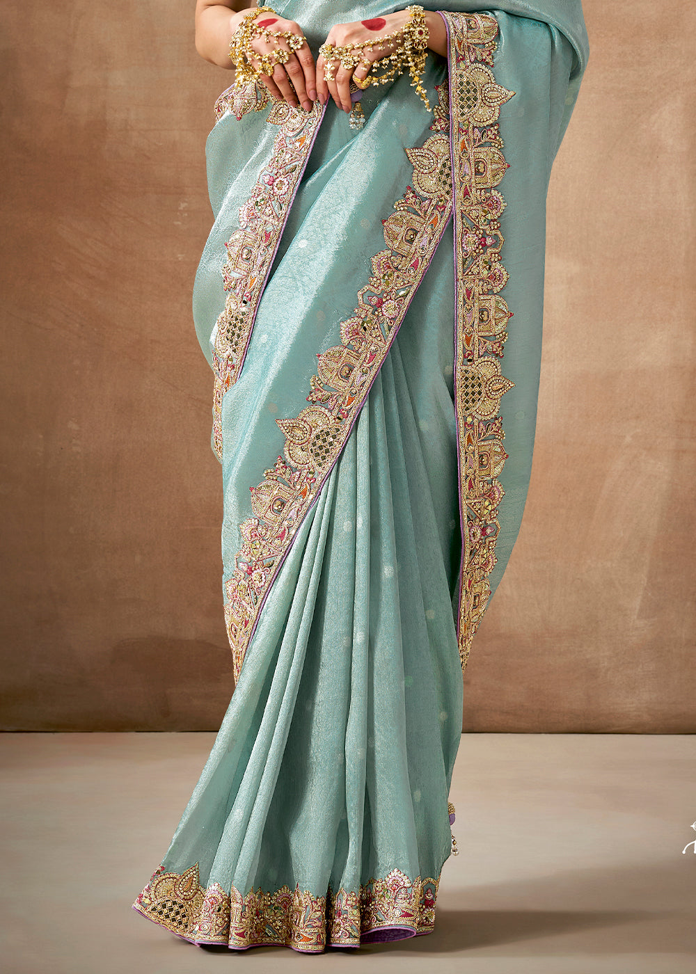 Buy MySilkLove Cerulean Blue  Zari Woven Embroidery Designer Tissue Dola Silk Saree Online