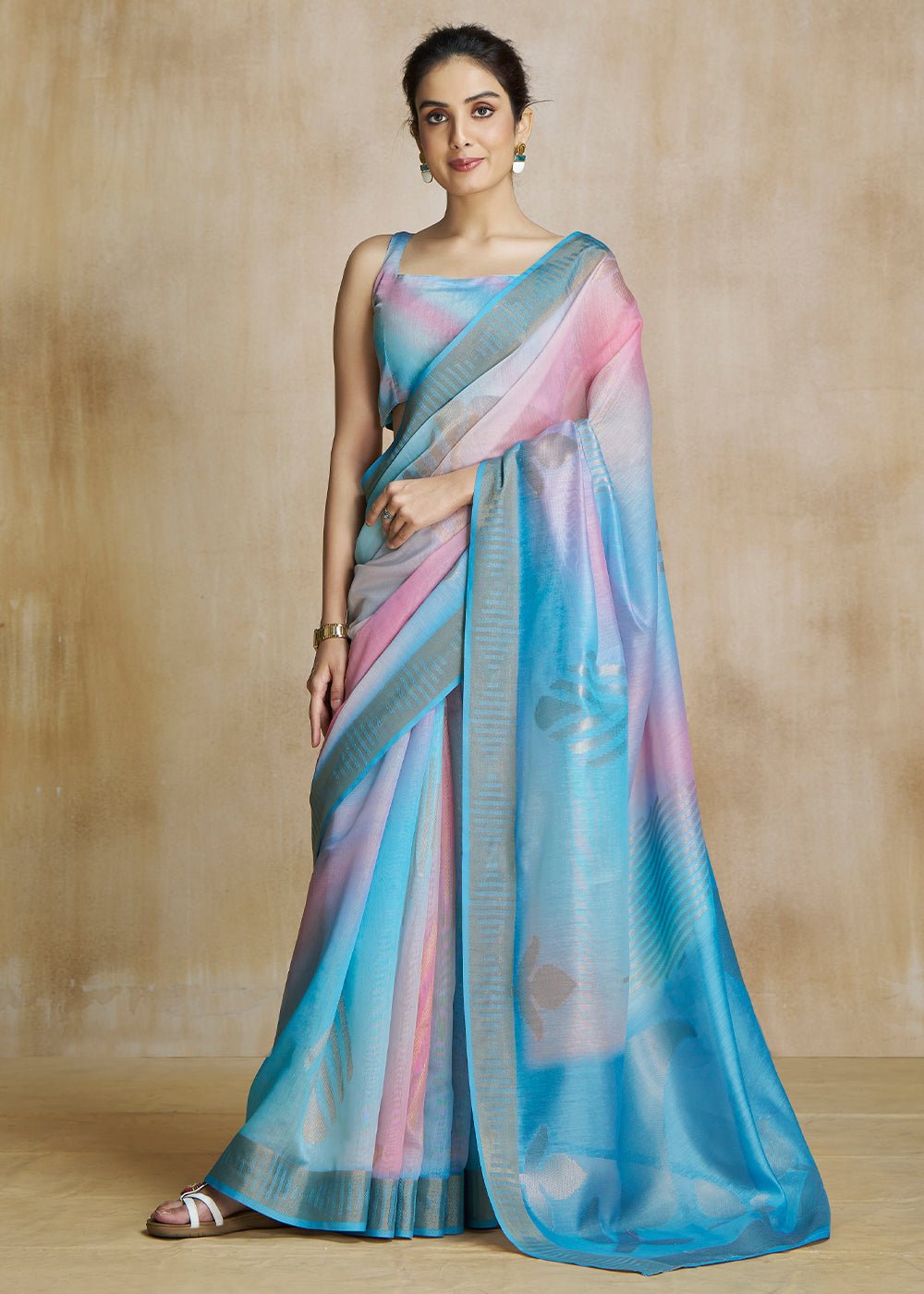 Buy MySilkLove Pacific Blue and Pink Tissue Woven Soft Silk Saree Online