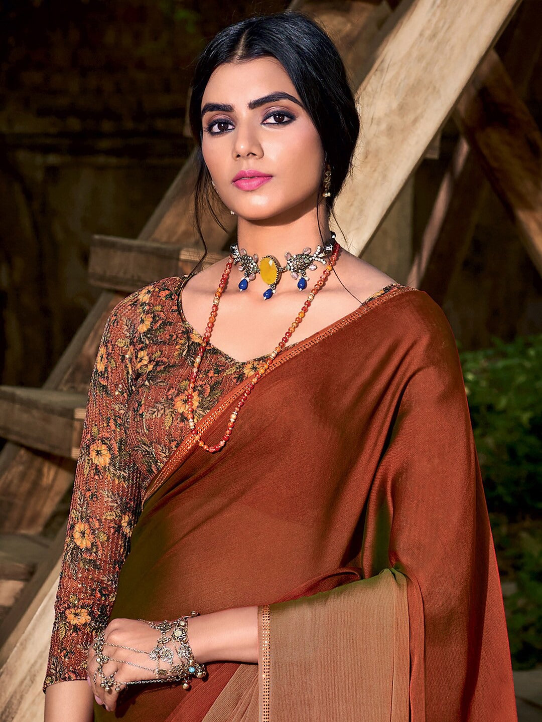 Buy MySilkLove Smokey Topaz Brown Chiffon Saree With Printed Blouse Online