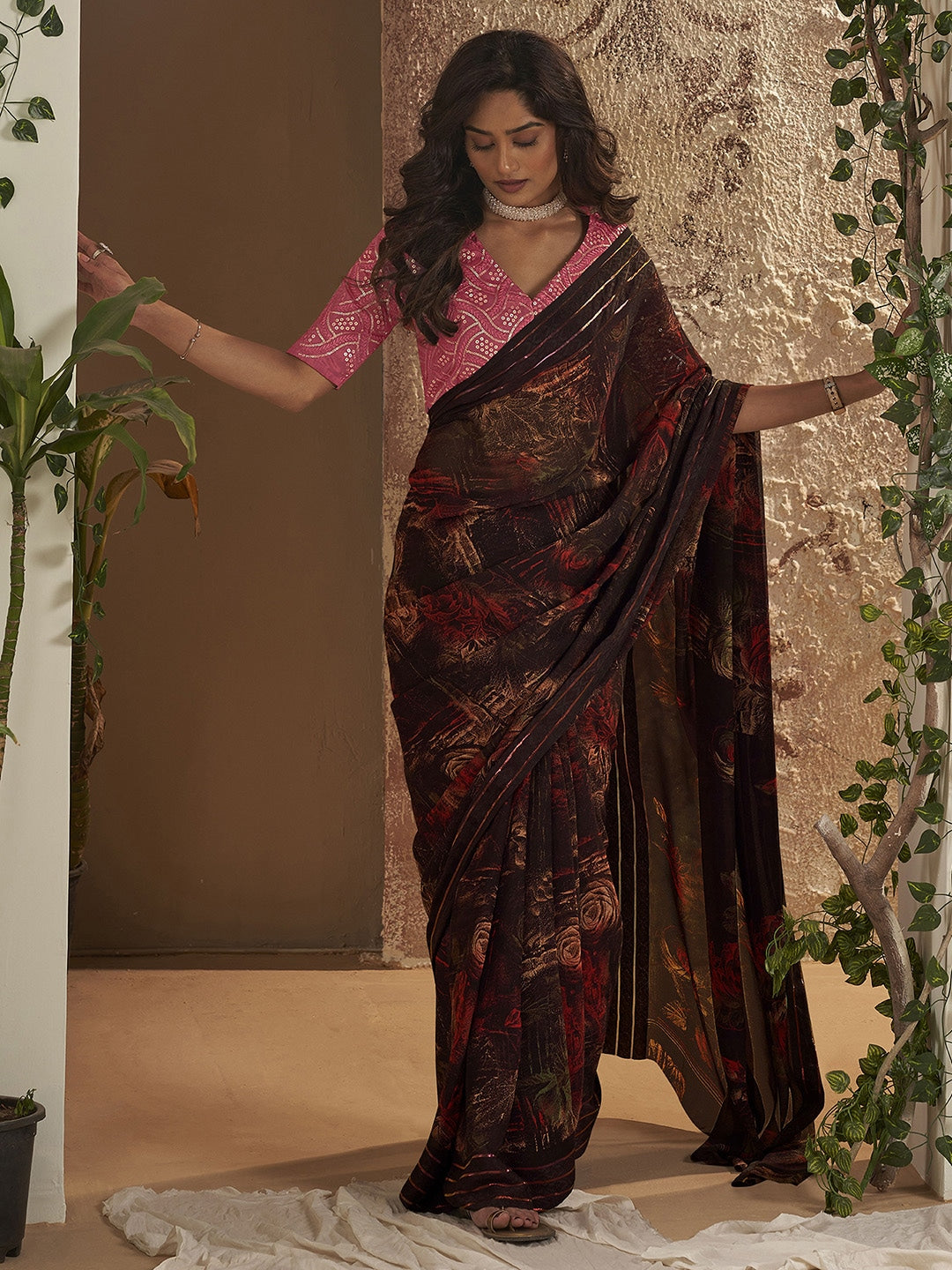 Buy MySilkLove Tamarind Brown Georgette Chiffon Saree With Embroidery Blouse Online