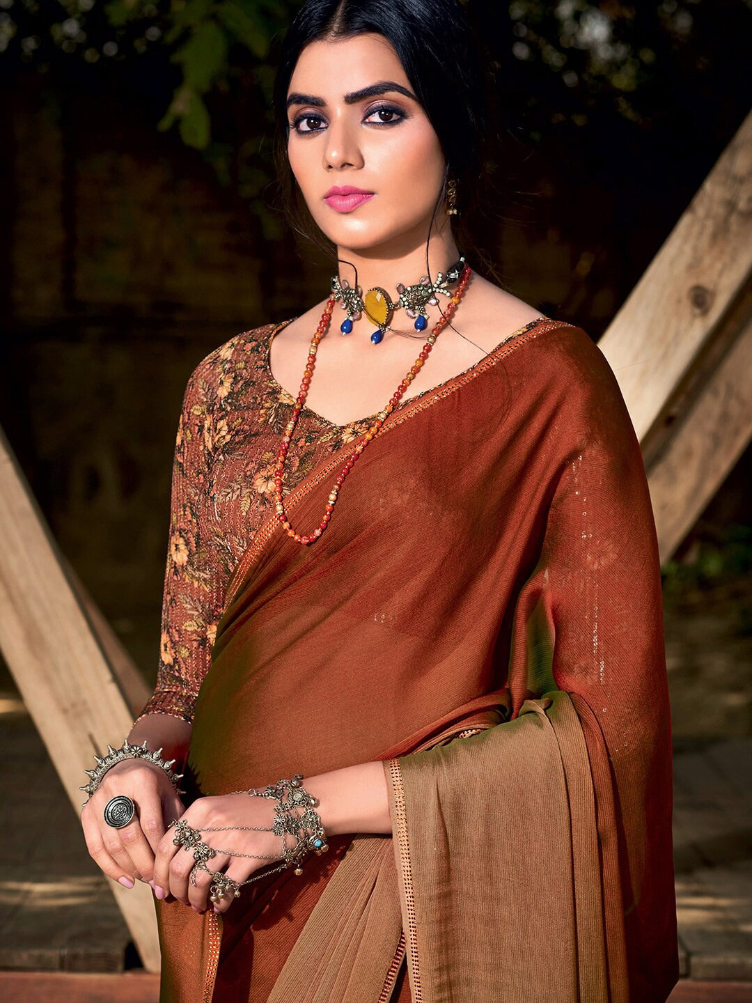 Buy MySilkLove Smokey Topaz Brown Chiffon Saree With Printed Blouse Online