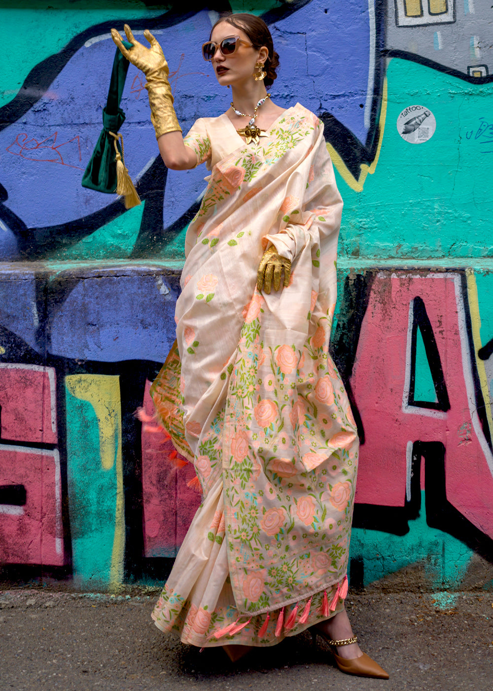 Buy MySilkLove Raffia Golden and Cream Floral Handloom Banarasi Saree Online