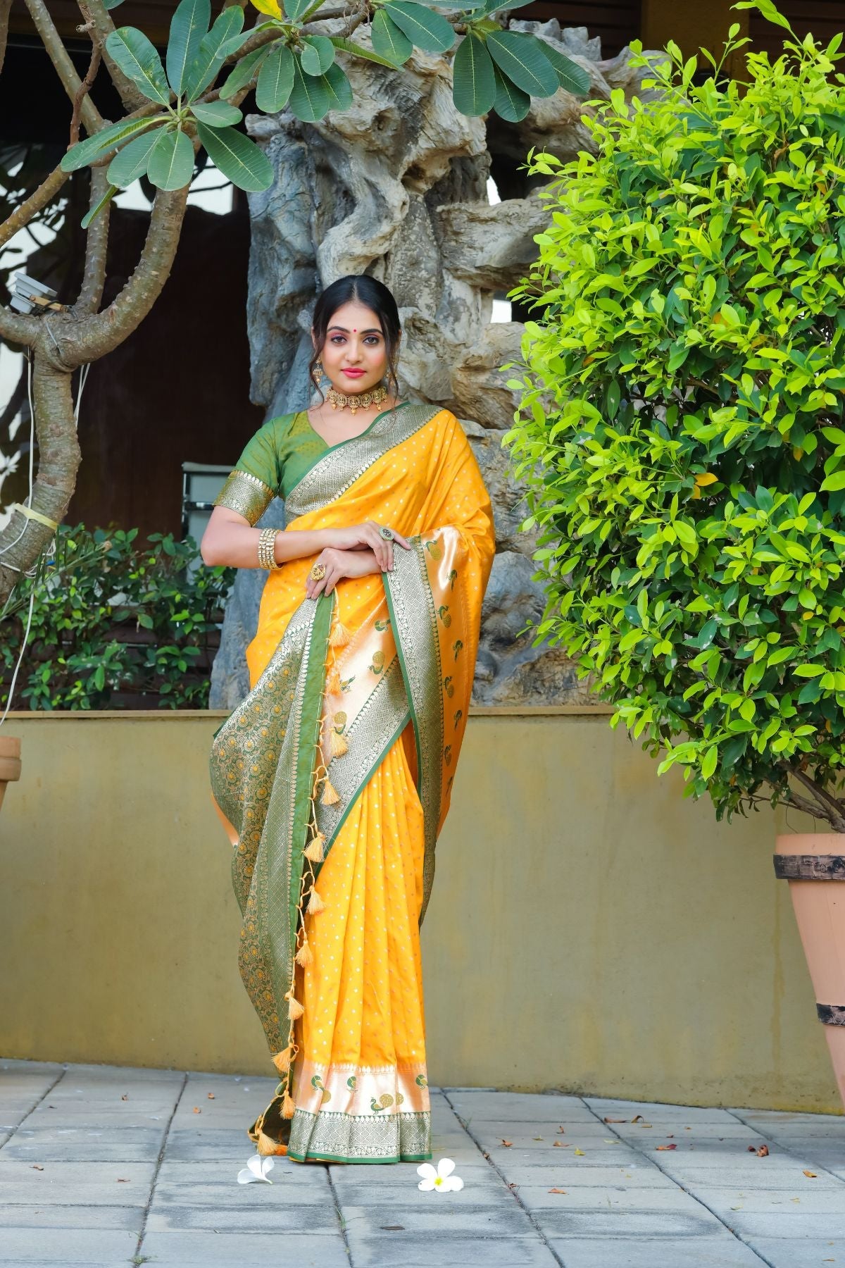 MySilkLove Turmeric Yellow and Green Banarasi Paithani Silk Saree