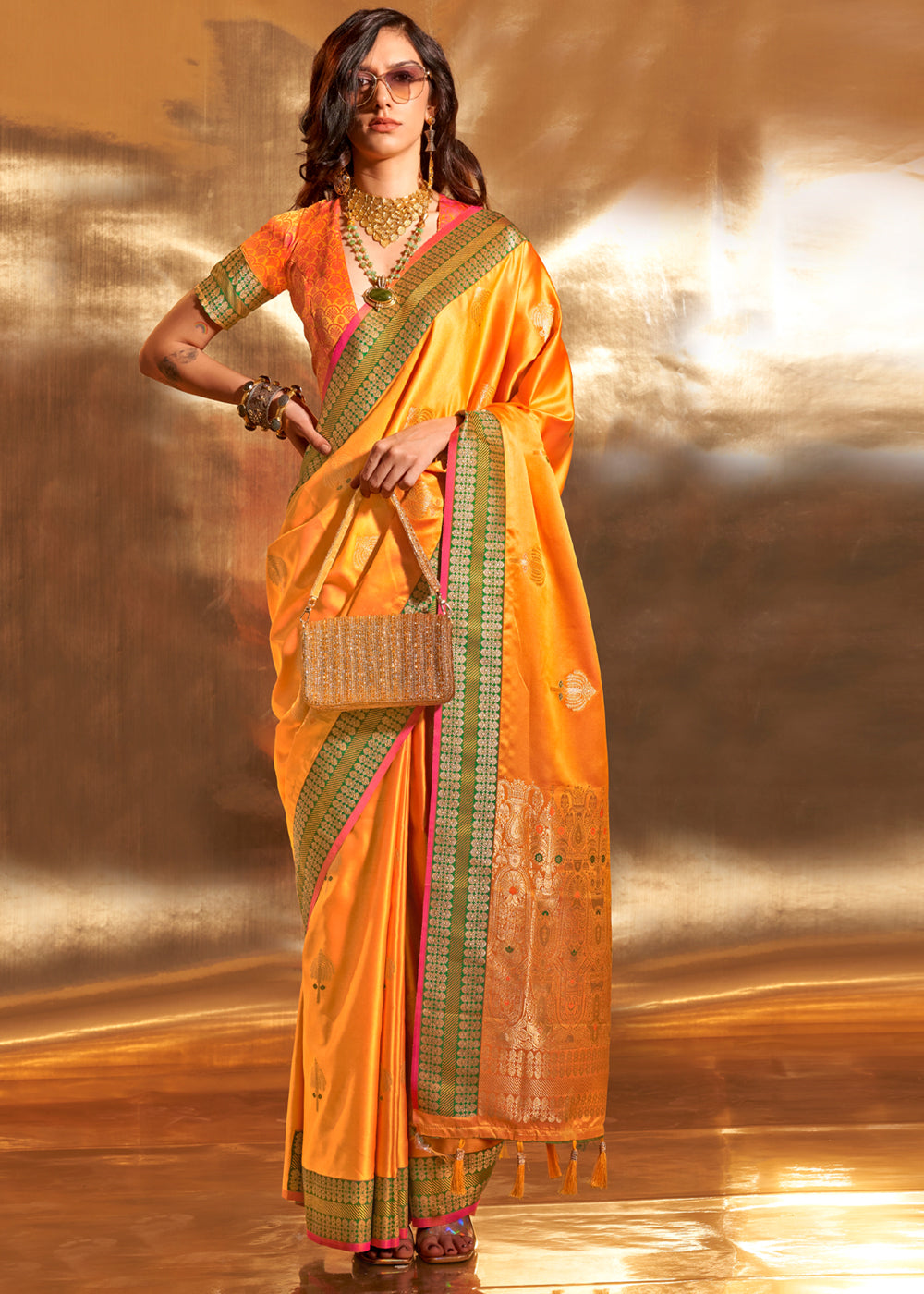 MySilkLove Yellow Dandelion Woven Banarasi Satin Silk Saree