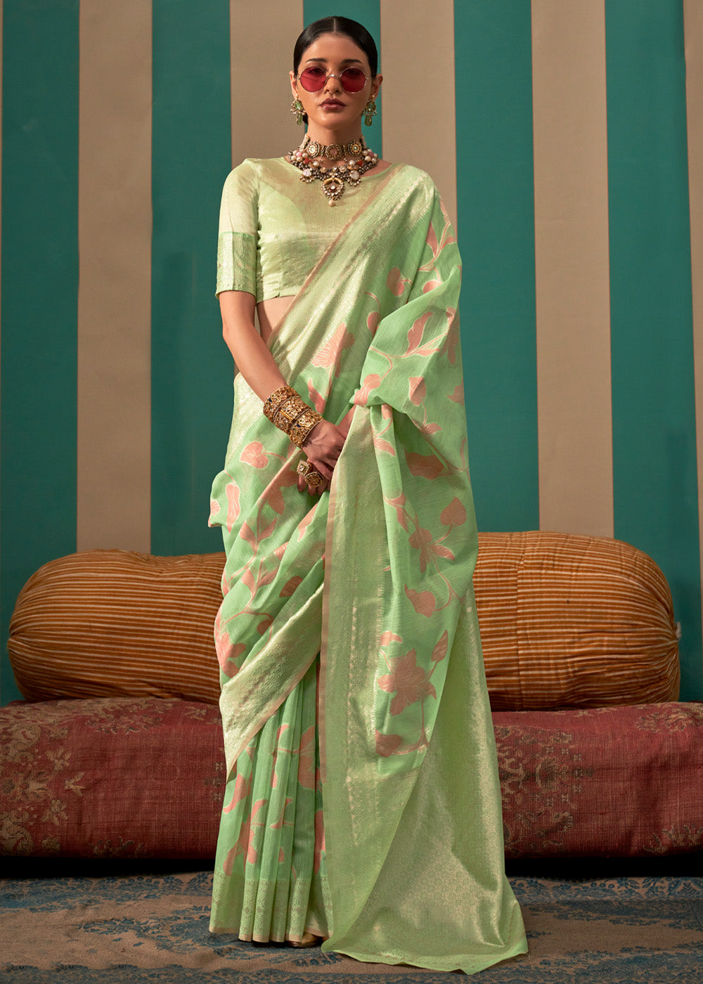 Buy MySilkLove Pista Green Woven Banarasi Linen Saree Online