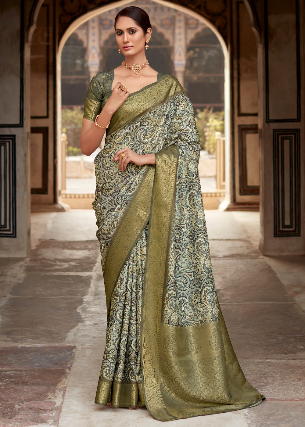 Buy MySilkLove Stack Green Banarasi Digital Printed Silk Saree Online