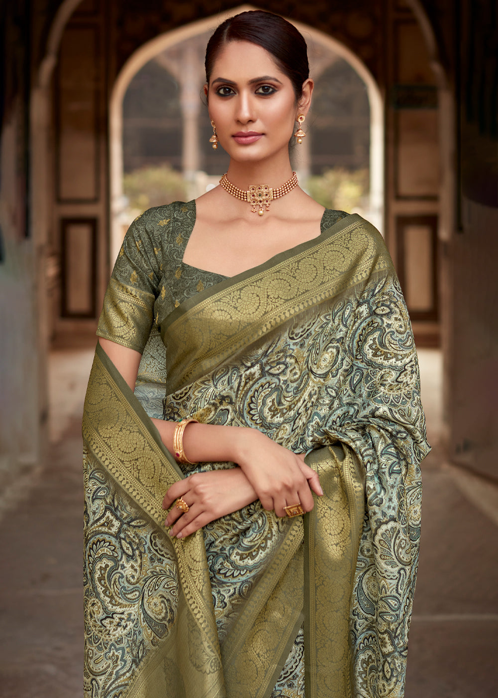 MySilkLove Stack Green Banarasi Digital Printed Silk Saree