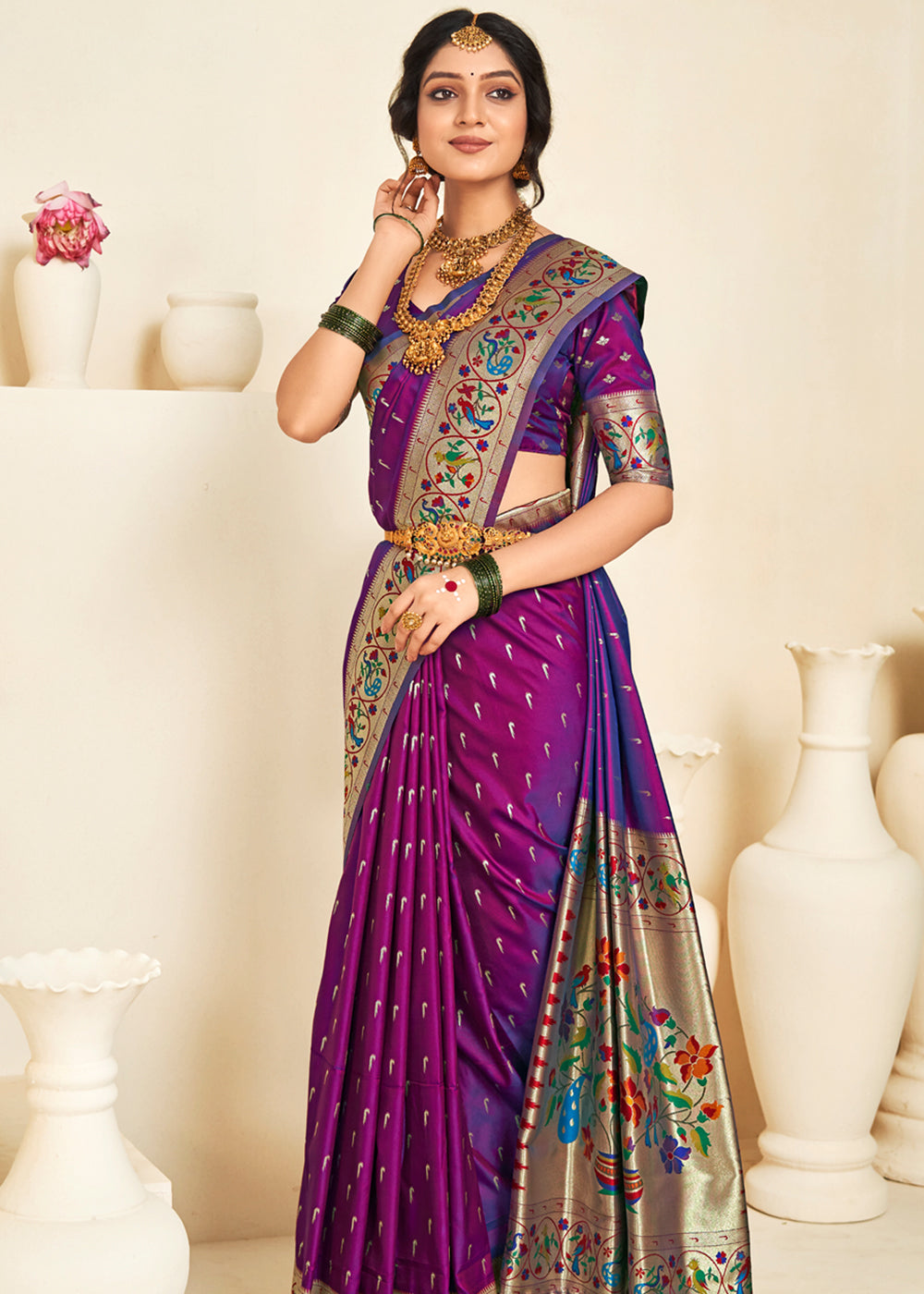 Buy MySilkLove Rose Bud Cherry Purple Woven Paithani Silk Saree Online