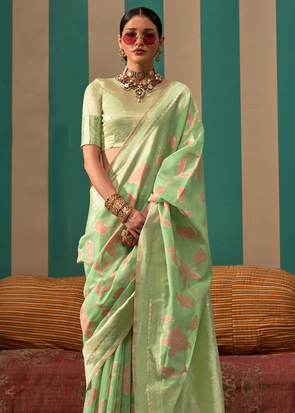 Buy MySilkLove Pista Green Woven Banarasi Linen Saree Online