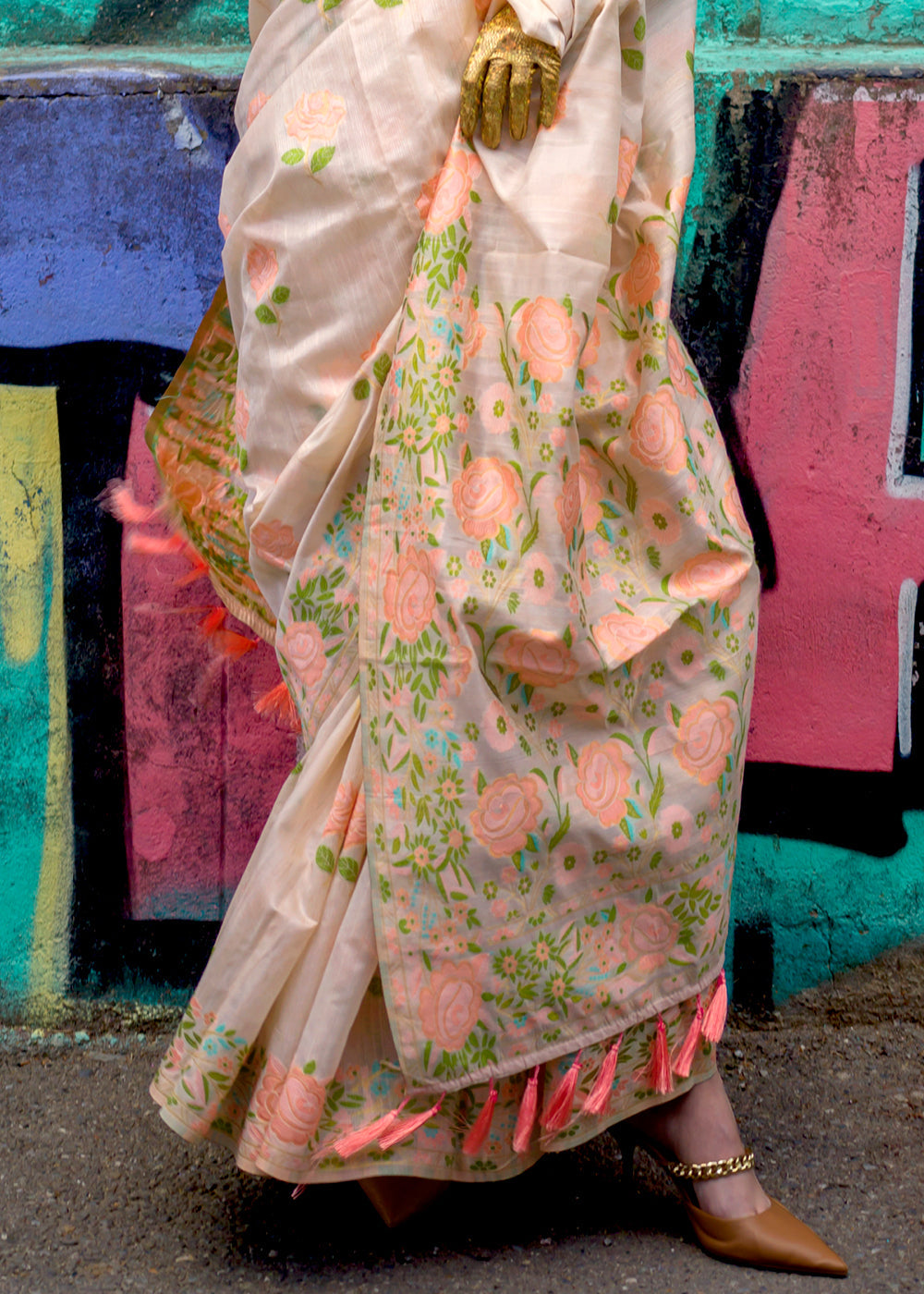 Buy MySilkLove Raffia Golden and Cream Floral Handloom Banarasi Saree Online