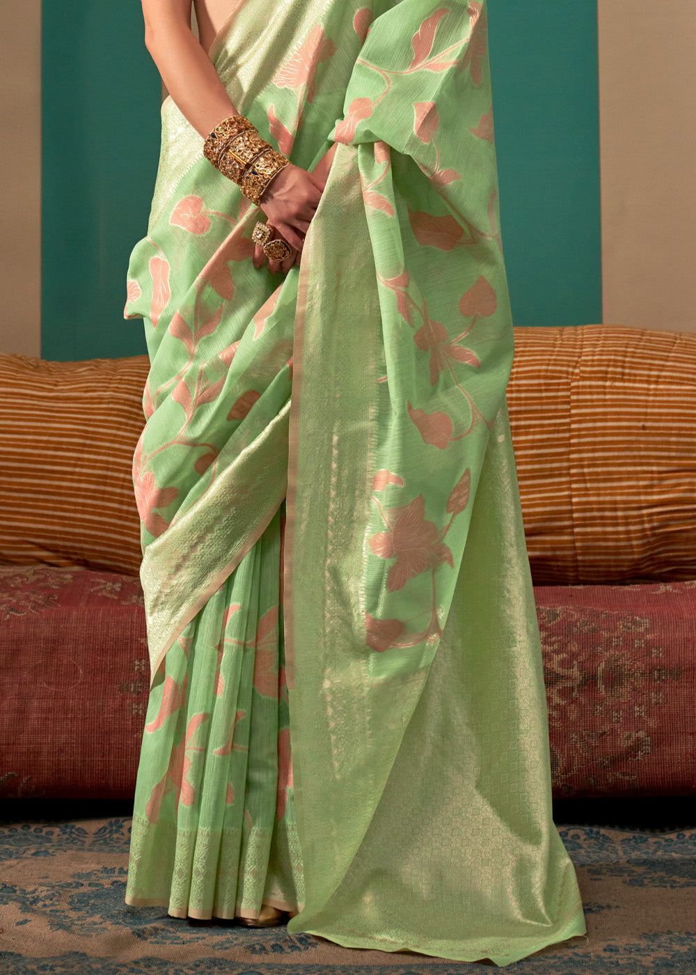 Buy MySilkLove Pista Green Woven Banarasi Linen Saree Online