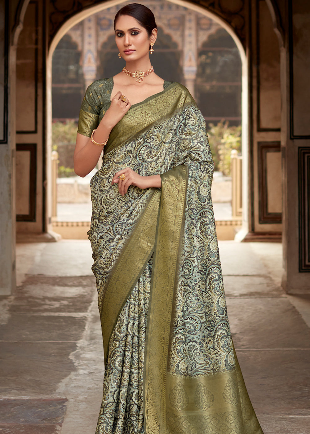 Buy MySilkLove Stack Green Banarasi Digital Printed Silk Saree Online