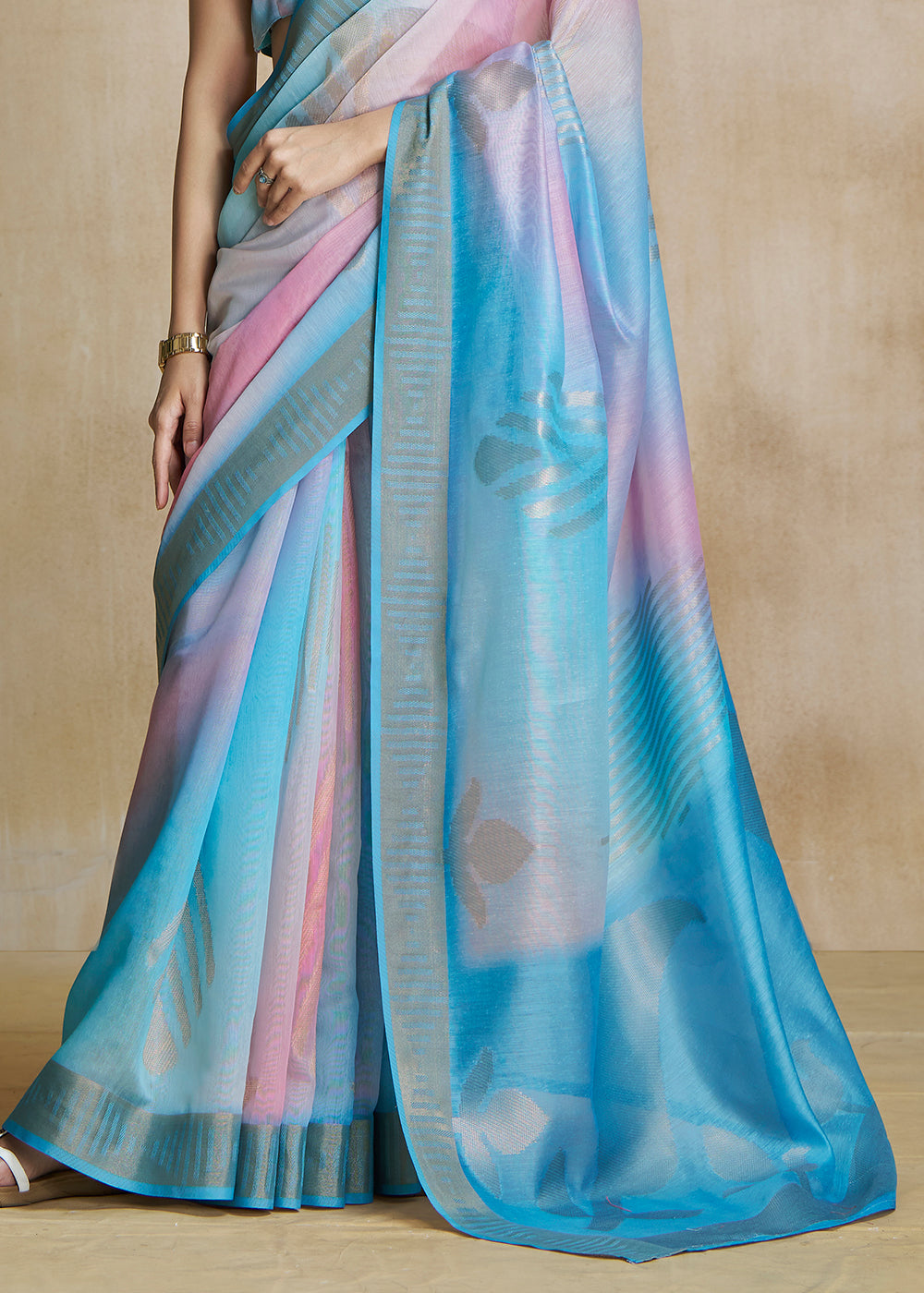 Buy MySilkLove Pacific Blue and Pink Tissue Woven Soft Silk Saree Online