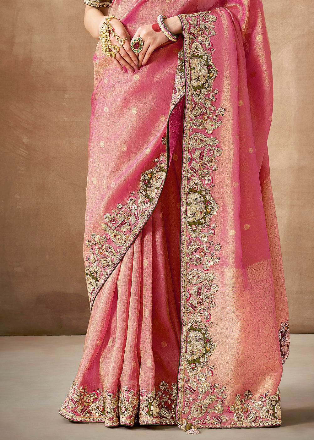 Buy MySilkLove Lotus Pink  Zari Woven Embroidery Designer Tissue Dola Silk Saree Online