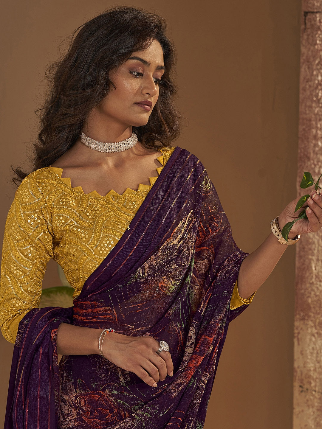 MySilkLove Crater Brown Georgette Chiffon Saree With Embroidery Blouse