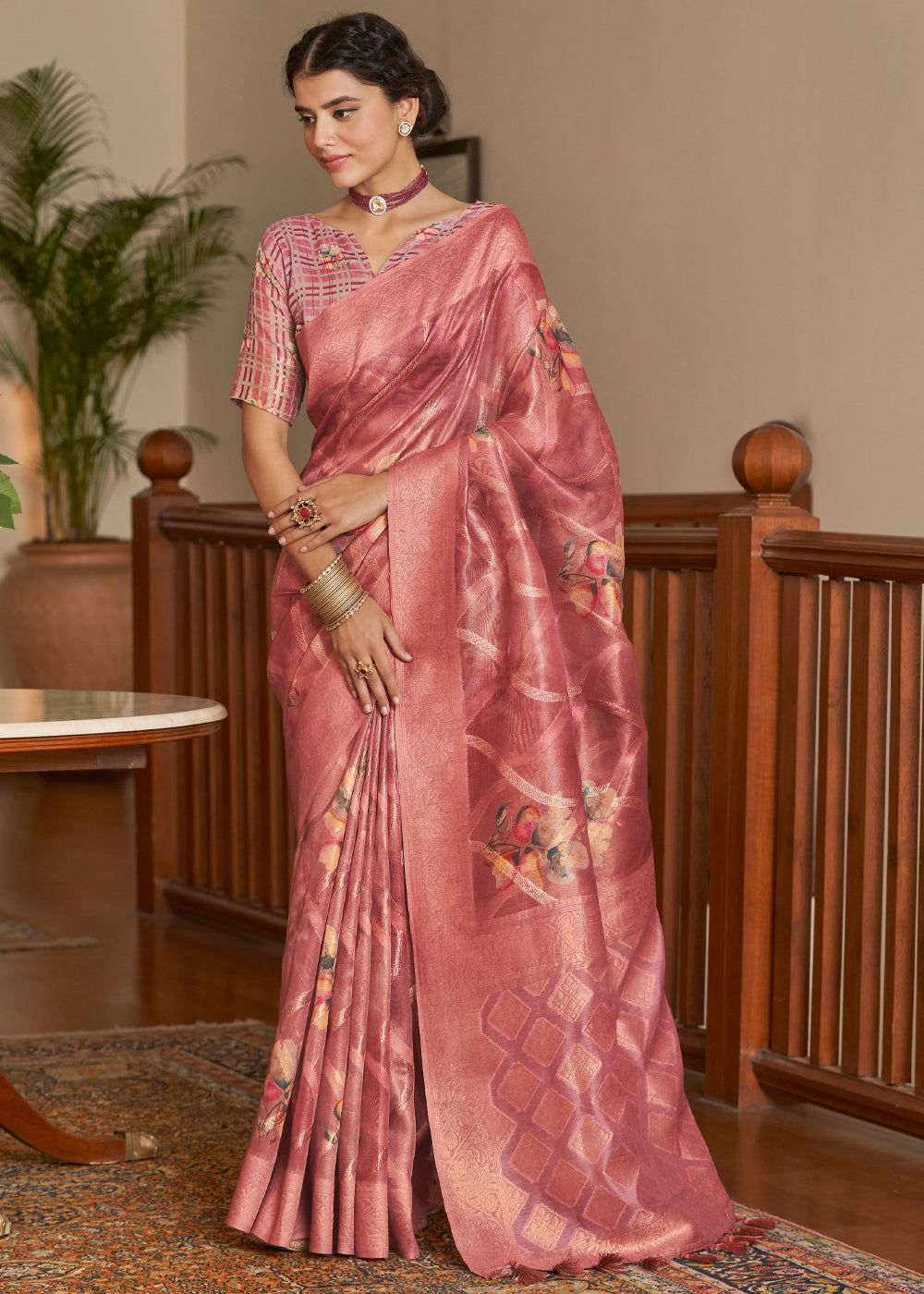 Buy MySilkLove Chestnut Pink Woven Banarasi Tissue Organza Silk Saree Online