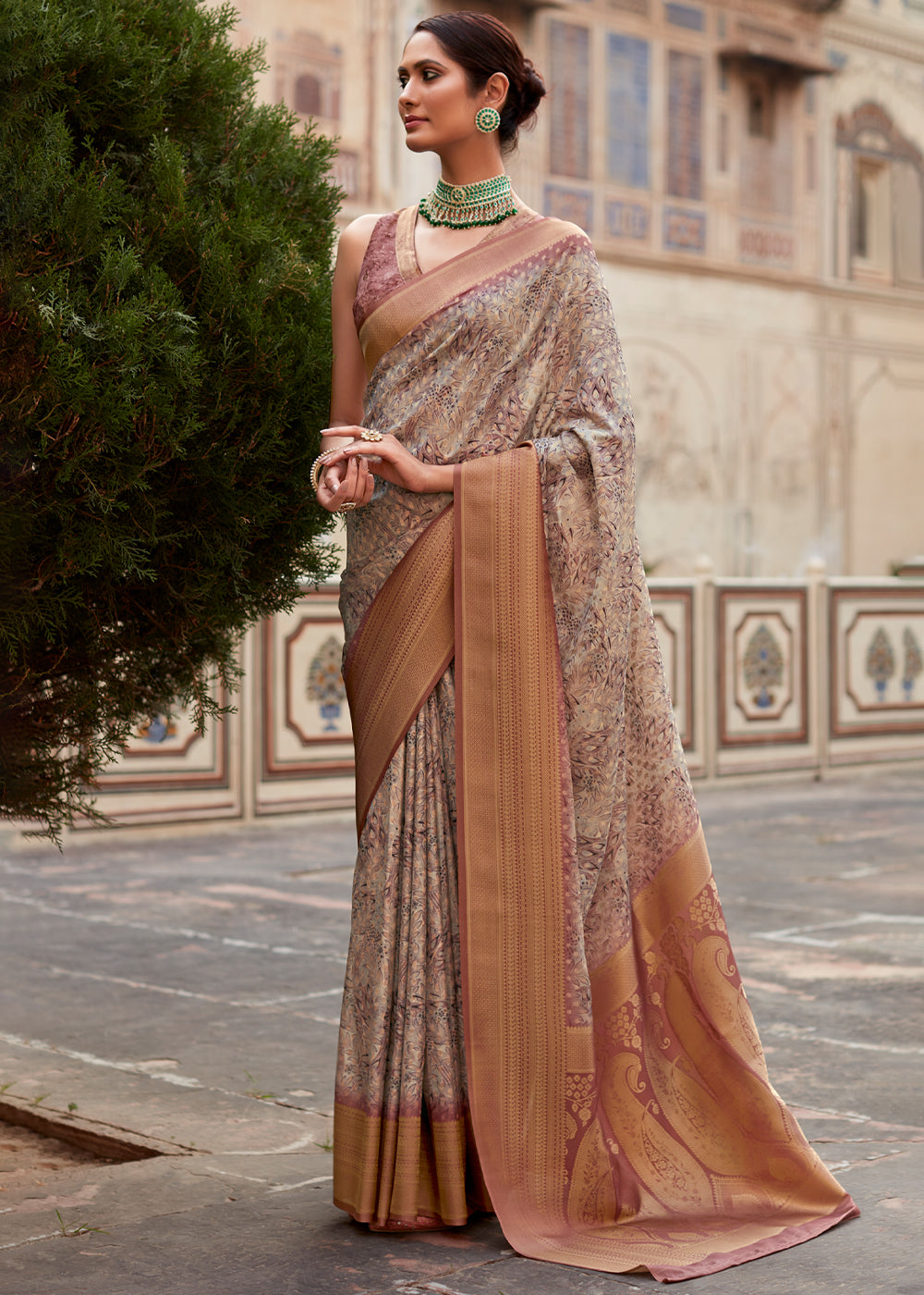 Buy MySilkLove Chocolate Brown Banarasi Digital Printed Silk Saree Online