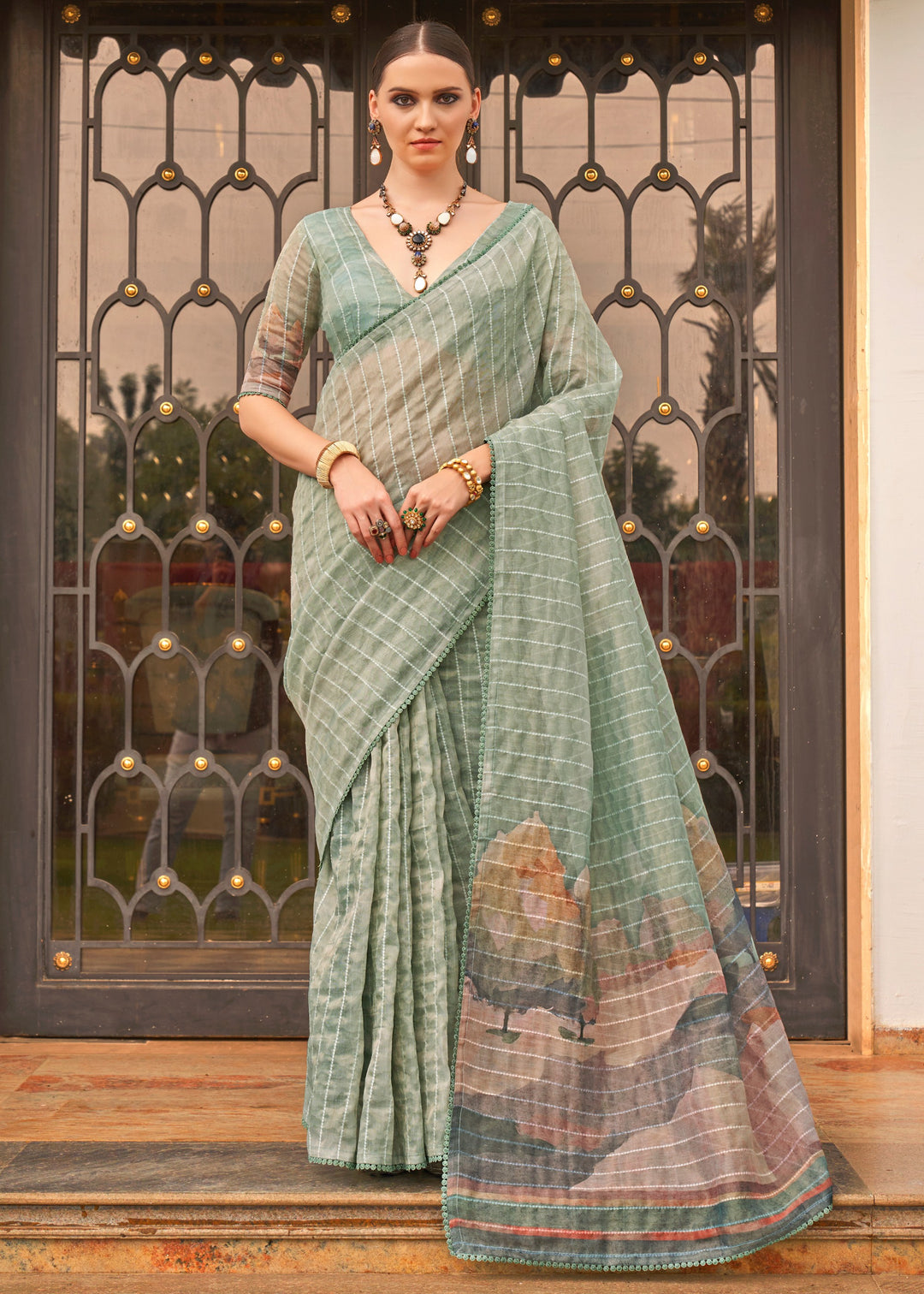 Buy MySilkLove Eagle Green Tissue Silk Saree Online