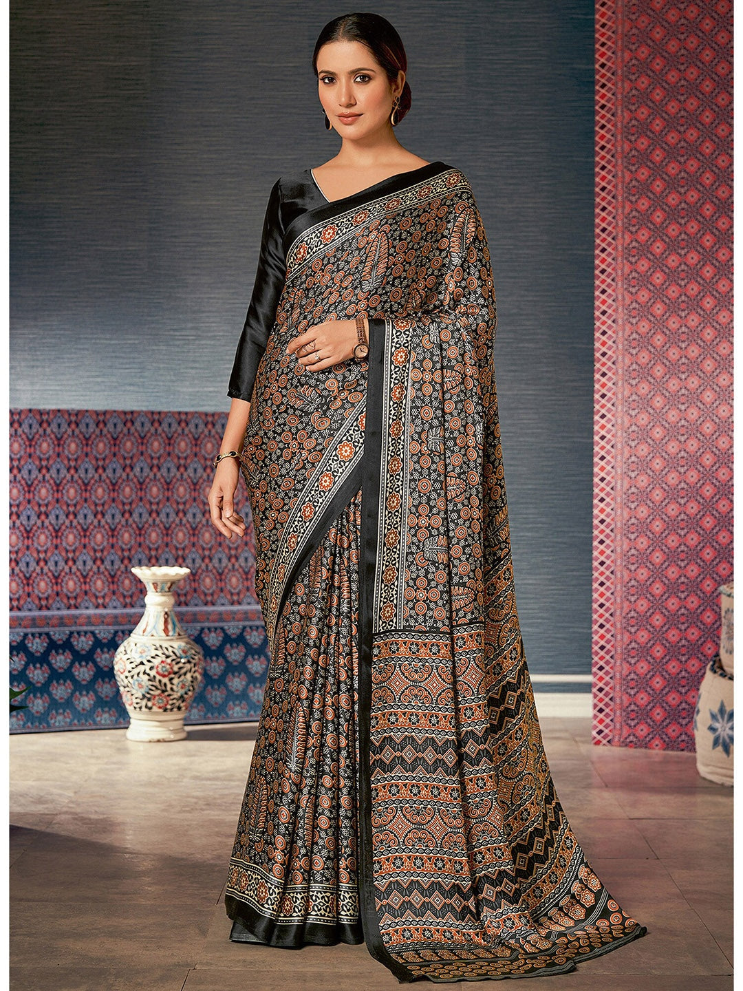 Buy MySilkLove Metal Black and Brown Digital Printed Ajrakh Satin Crepe Saree Online