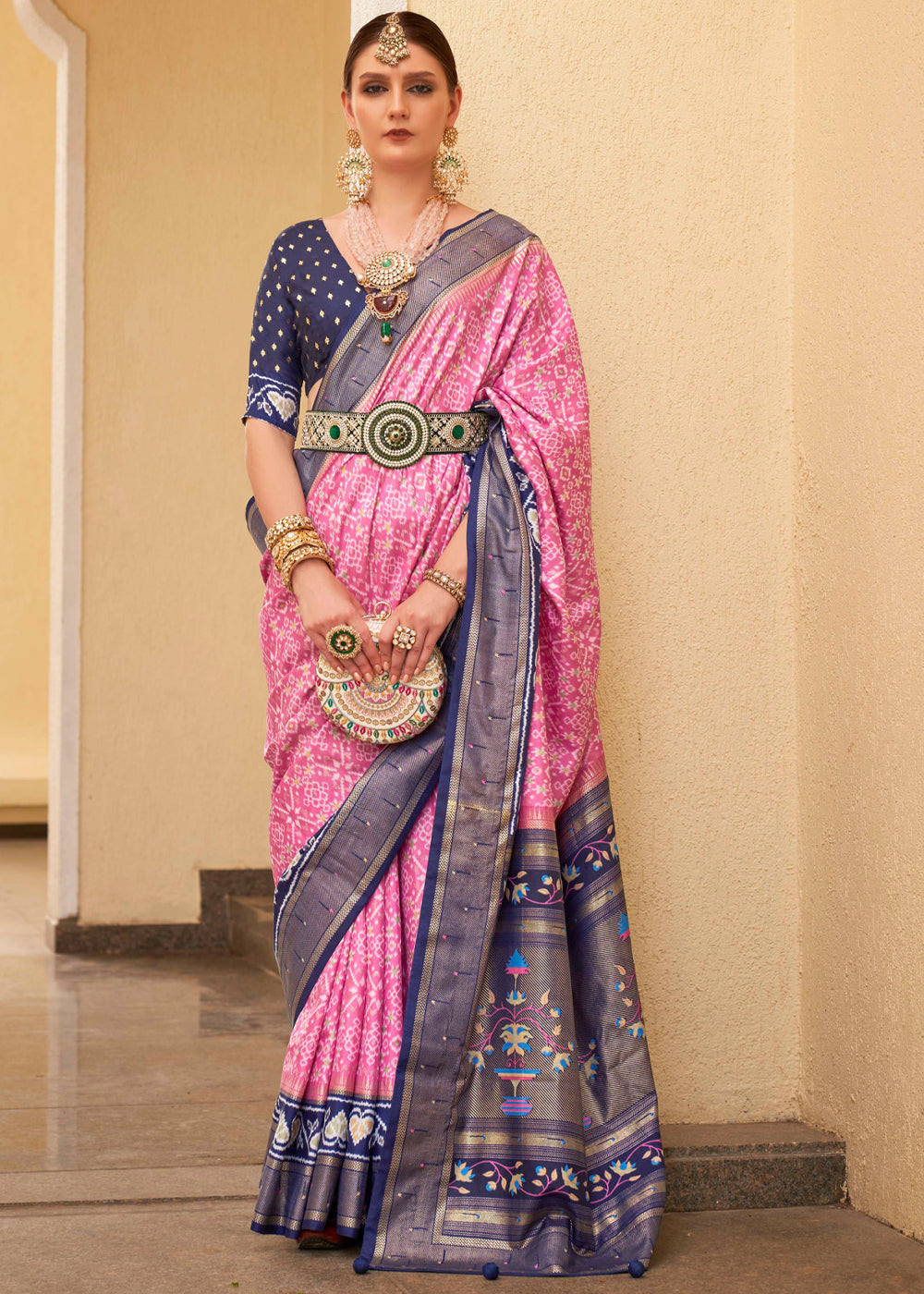 Buy MySilkLove Cotton Candy Pink and Blue Printed Patola Soft Silk Saree Online